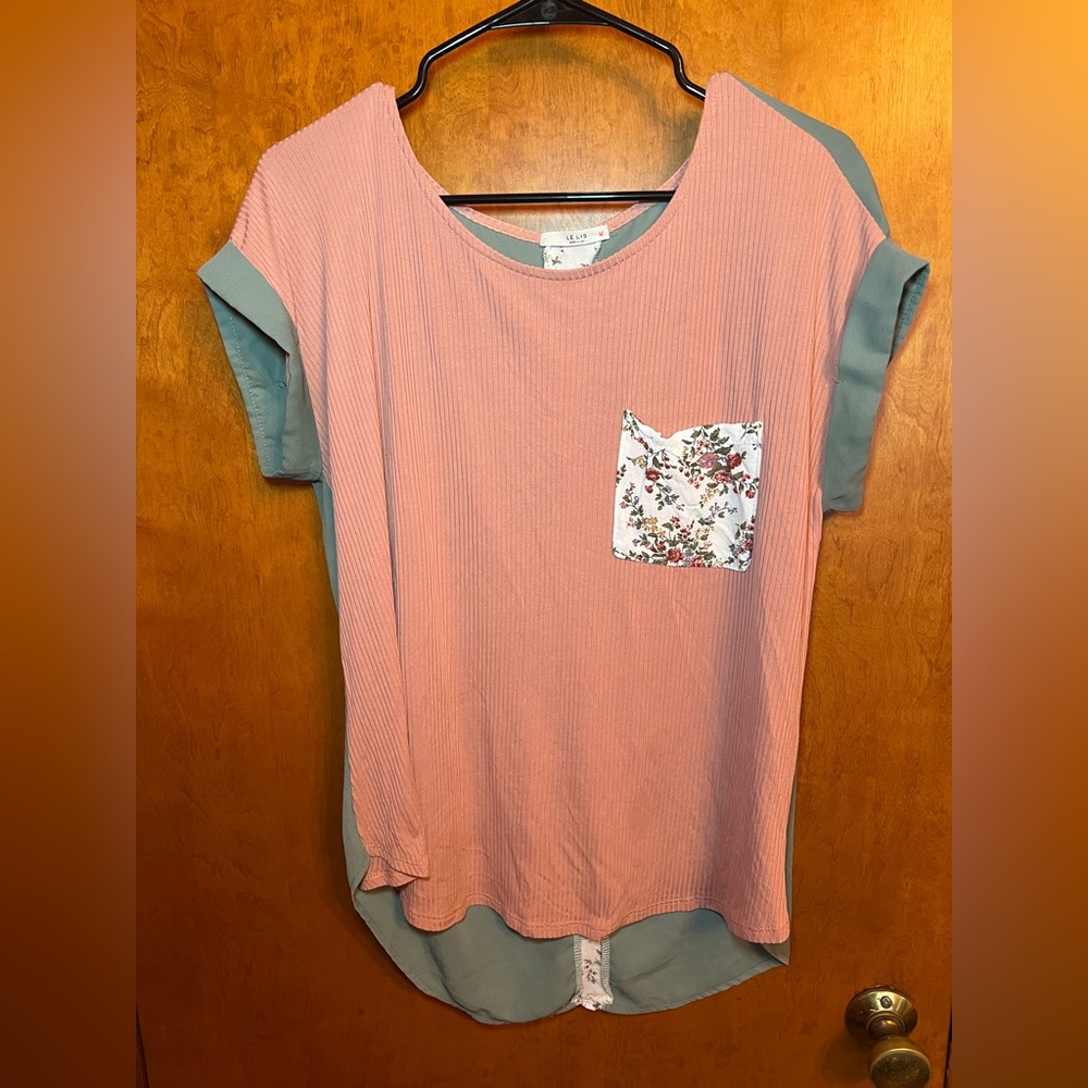 Le Lis Pink Top with Sage Contrast Sleeves and Floral Pocket